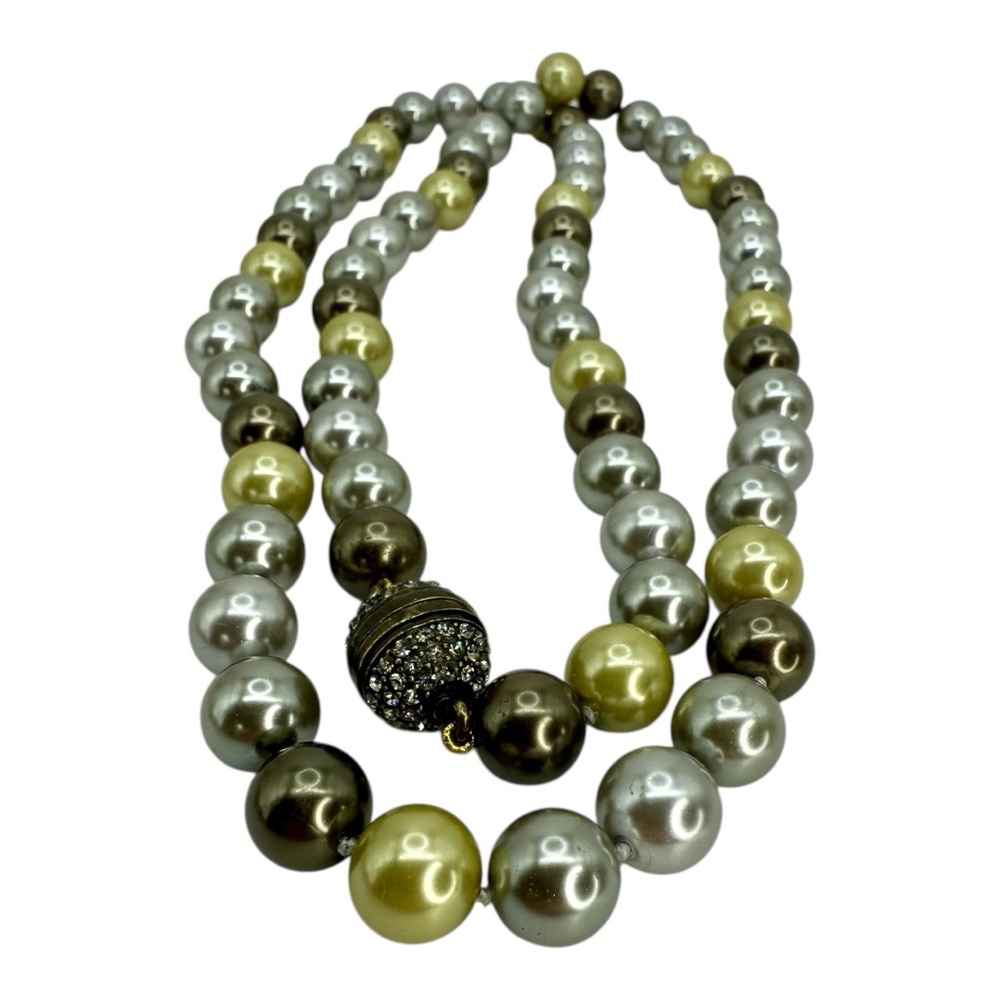 Heidi Daus Faux Pearl Necklace 36” — Multi-Tone Double Strand w Pave Screw Clasp - Picture 3 of 17